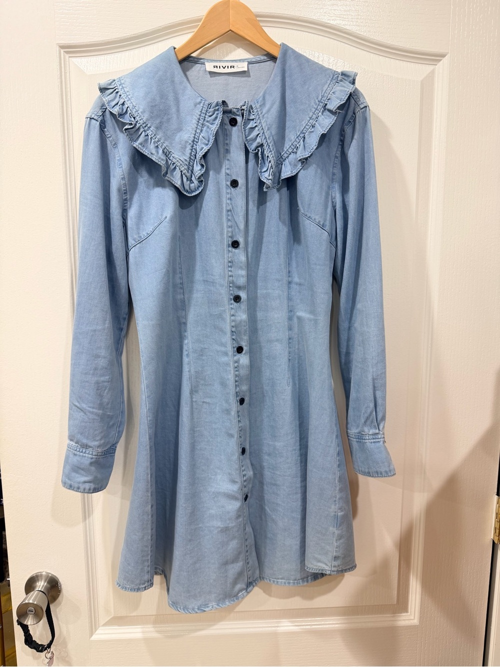 RIVIER Light Wash Denim Button-Front Dress with Ruffle Collar
